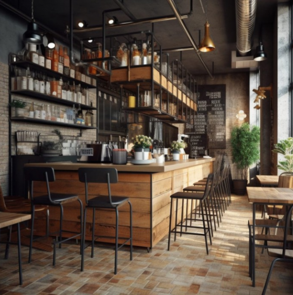 Cafe dengan nuansa industri dan aksen logam